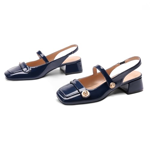 Image of Slingback Mary Jane Heels for Women Low Block Heel Closed Square Toe Pump Shoes Heels Classic Daily Office Dressy Shoes