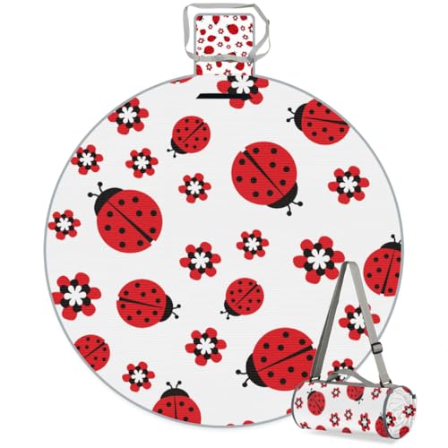 Shimoshe Flower Ladybug Picnic Outdoor Blanket Foldable Waterproof Sandproof Beach Blanket Portable Water-Resistant Round Picnic Mat for Travel Camping Park Lawn