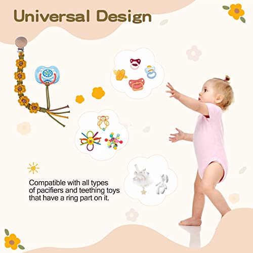 Image of Pacifier Clip for Boys Girls Flower Daisy Macrame Pacifier Holder Leash Boho Wooden Clips Handmade Braided Cotton Paci Clip Baby Shower Birthday Gift