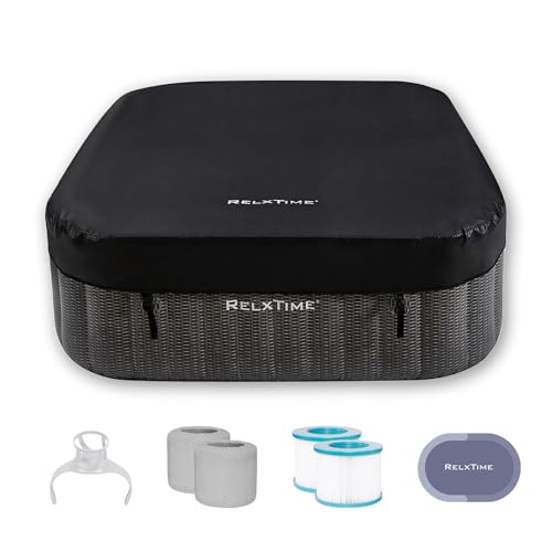 Inflatable Hot Tub Square, 4-6 Person Portable Hottub, Outdoor Spa with 130 Air Jets, Built in Heater Pump, Blow Up Tub for Relaxation, 2 Filters, Black