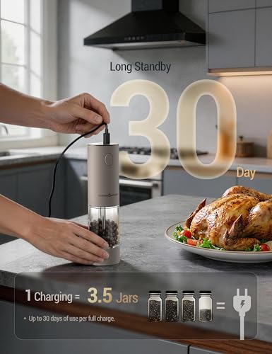 Image of ThermoMaven Electric Salt and Pepper Grinder Set, 110ml Larger Rechargeable Automatic Salt and Pepper Mill Grinder with 6 Adjustable Coarseness, Electric Salt and Pepper Shakers, LED, Greige