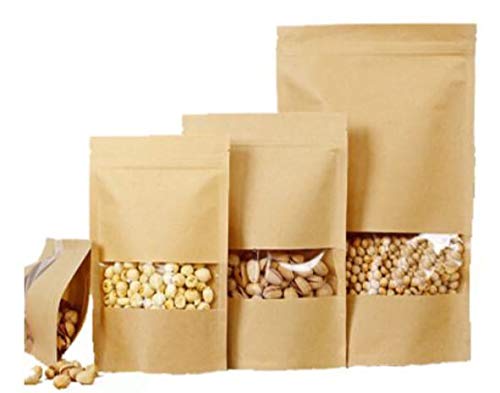 SKY FLEXI PACK Kraft Paper Ziplock Pouch 16 x 23cm, Pack of 50 Airtight Reusable Stand Up Waterproof Multi-purpose Storage Bags with Rectangle Transparent Window, Capacity up to 750g