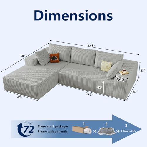 Image of 96 inch Modular Sectional Sofa, Modern Corduroy Cloud Couch with Deep Seat, Boneless Couch Upholstered 3-Seater L-Shaped Sofa for Living Room, No Assembly Required (Light Grey, Left-Facing Chaise)