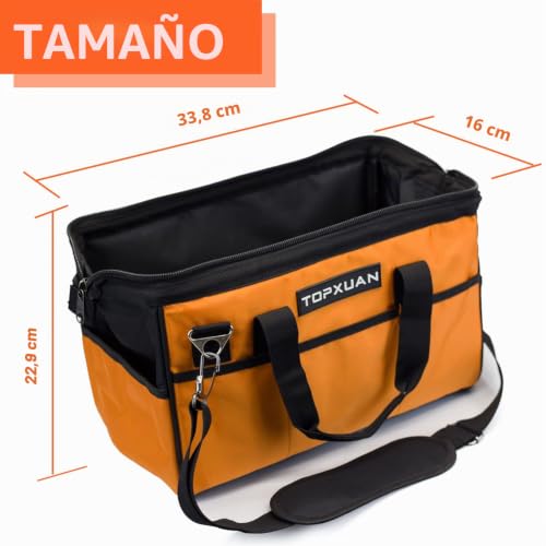 Miniatura 2 de Topxuan Bolsa De Herramientas De 13 Pulgadas A Prueba De Agua De Boca Ancha Correa De Hombro Ajustable Carpintería Electricista Construcción Jardinería Herramientas De Almacenamiento Naranja Y Negro