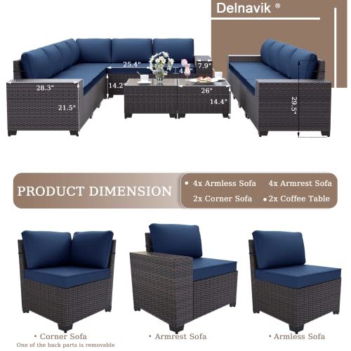 Delnavik Patio Furniture Set Sofa 12-Pieces Wicker Sectional Sofa Set, Outdoor Furniture Rattan Patio Conversation Set With Thickened Cushions And Glass Coffee Table, Navy Blue #TOP2