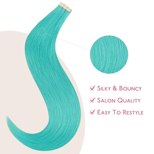 Image of WENNALIFE Tape in Hair Extensions Human Hair, Teal Green 10pcs 30g 20 inch Remy Invisible Tape Ins Straight Colored Soft Real Human Hair Refill Set Extensions