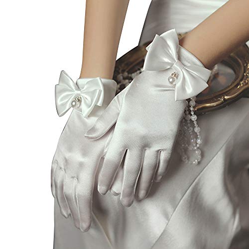 Ayliss Women Bridal Wedding Gloves Satin Short Opera Party 1920s Fancy for Special Occasion Dress Formal Dancing Cosplay (White)