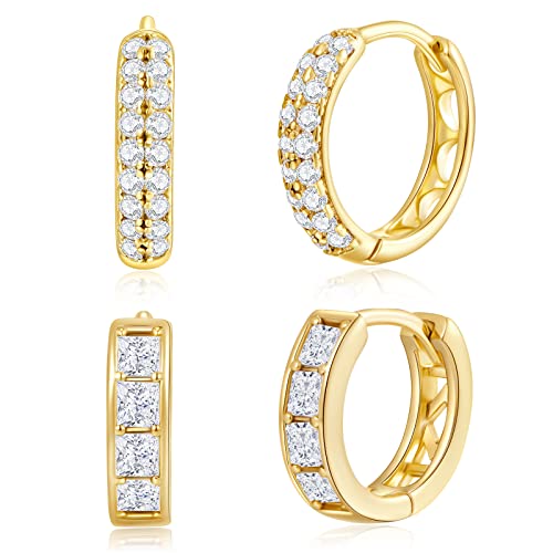 Sterling Silver Cubic Zirconia Hoop Earrings and 14k Gold Earrings, Hypoallergenic Diamond Huggies Earrings for Women 14K Gold 13CZ 21mm