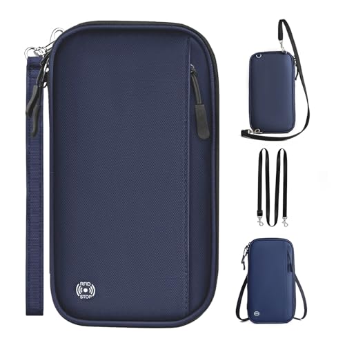 EPROICKS Porta-documentos de viagem RFID, porta-passaporte familiar para 4, carteira de documentos de viagem impermeável, cartão de crédito, carteira de identidade, chaves, bilhetes de avião, azul, L