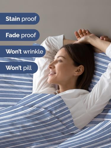Image of Duvet Cover King Size - 3 Piece Set with Zipper Closure - Blue Stripes | Extra Soft King Duvet Cover 104 inch x 90 inch with 2 Pillow Shams, Hotel Luxury w / Zipper Closures & Ties, Comfy & Breathable, Comfy