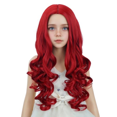 Ufindcos Girls Red Wig Long Curly Bright Red Wigs for Kids Natural Synthetic Wigs with Wig Cap for Cosplay Party Halloween Costume