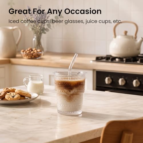Image of INSETLAN Iced Coffee Cups with Lids and Straws, 13 oz Hobnail Glass Tumbler