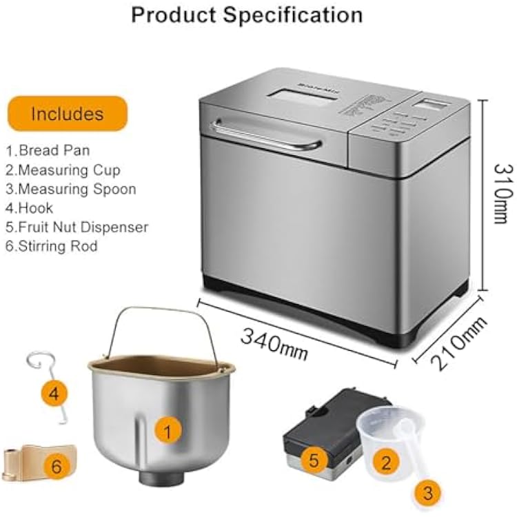 Bread Maker Machine with Nonstick Ceramic Pan and LCD Touch Panel - 17 Smart Cooking Programs, 15 Hours Timer, 3 Loaf Sizes - Professional Automatic Bread Machine for Breakfast