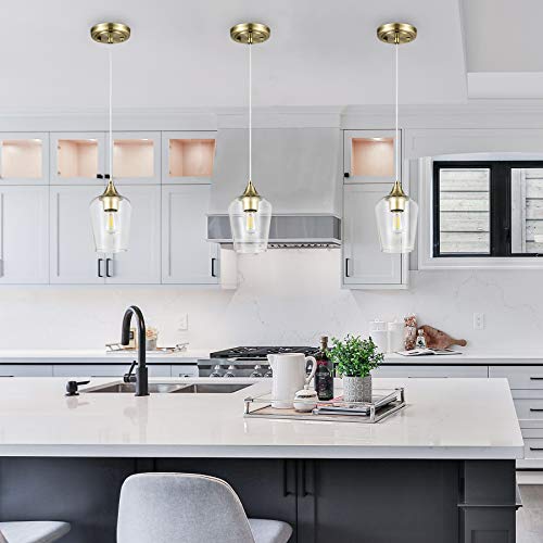 Vonluce Gold Pendant Light, Mid-Century Modern Pendant Light With Glass Shade, Brushed Brass Glass Pendant Light Fixtures For Kitchen Island, Hanging Lighting For Dining Table Hallway Bedroom #TOP3