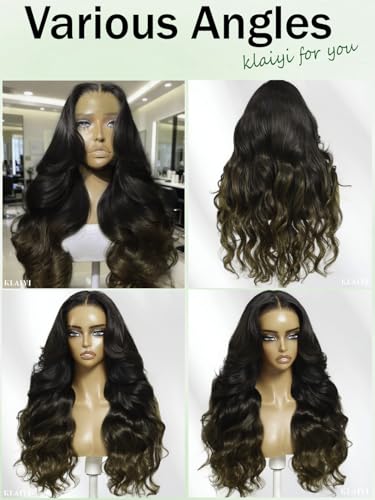 Image of KLAIYI Ombre Brown Loose Body Wave 13x4Pre Everything Lace Frontal Chestnut Brown Drawstring Wig with Face Framing Layers Precut Lace Pre Plucked Bleached Bye Bye Knots Ready to Wear and Go Wig 26Inch