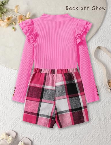 Image of Girls Clothes 2 Piece Ruffle Long Sleeve Shirt Top and Bow Plaid Skirt Set Girls Fall Winter Outfits 6-16 Years