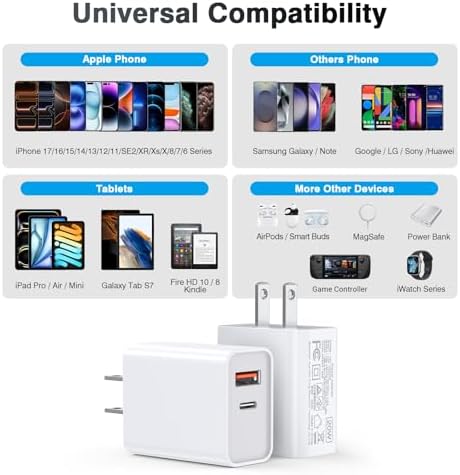 [2 Pack] 20W USB C Charger Block Fast Charging Dual Ports Adapter
