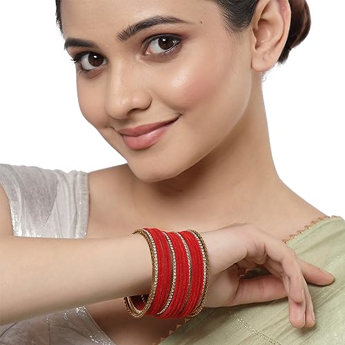 Image of ZENEME Gold-Plated Matte Finish Velvet White American Diamonds Studded Bangles Set Of 18 For Girls and Women