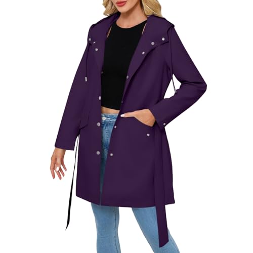 MJGkhiy Veste Imperméable Femme Coupe Vent Longue Trench Imperméable Léger Veste Vent Pluie À Capuche Sport Randonnée Vestes Grande Taille En Plein Air Raincoat Course Veste Camping, Violet., XL