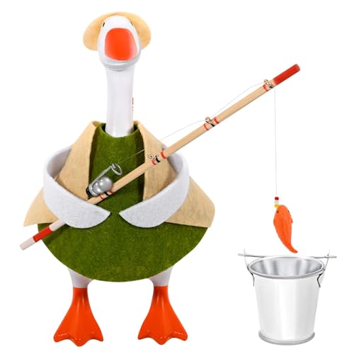JcHrmers Fishing Desk Goose Outfits 7 Inch Mini Goose Fishing Clothes Mini Straw Hat Fishing Rod and Iron Bucket Fisherman Costume Accessories for Magnetic Goose Statue Desk Table Decor