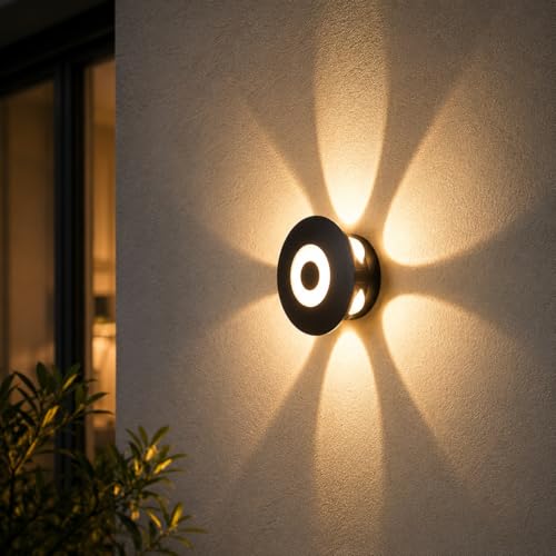 Image of FERA Waterproof Up Down Led Wall Lamp, Aluminium IP65 Body 6+1 Ray, Warm White, Indoor /Outdoor Decorative Wall Sconce Light, (HaloBeam 6 Way Warm)