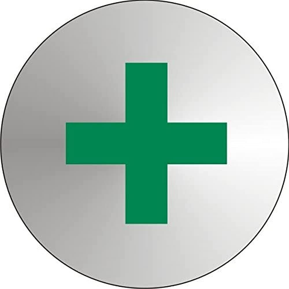 Seco First Aid Pictogram Sign, 72mm Diameter - 1.2mm Brushed Stainless Steel