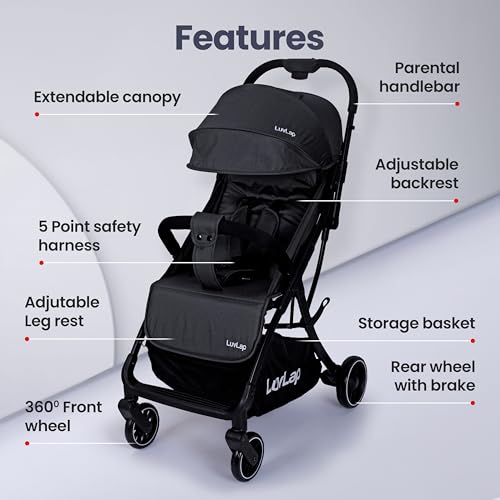 Image of LuvLap Regency Baby Stroller, Pram for 0 to 3 Years with 5 Point Safety Harness, Large Storage Basket, Heavy Duty Wheels, Easy Fold, Extendable Canopy, Multilevel Recline & Adjustable footrest