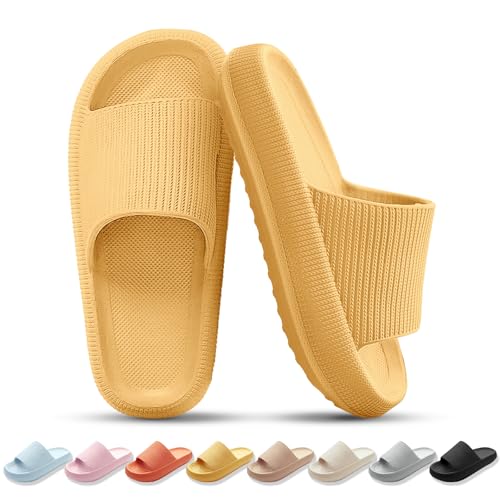 Image of BAGHUY Sliders Women Mens Cloud Sliders Slippers Non-Slip Soft Flip Flops Comfortable Shower Cloud Slippers for Bathroom Pool Beach Indoor & Outdoor,Yellow,3.5-4 UK