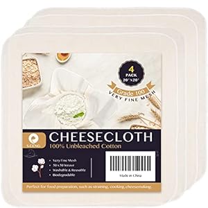 Cheese Cloths for Straining, Grade 100, 20 x 20inch 4 Pack, Hemmed Cheesecloth for Cooking, 100% Combed Unbleached Cotton Cheese Cloth