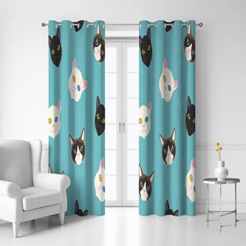 Orediy Verdunkelungs-Fenstervorhänge, wärmeisolierte Vorhänge, niedlicher Katzenkopf, blau, 2 Paneele, Ösenvorhänge für Wohnzimmer, Schlafzimmer, 140 x 213 cm Cover