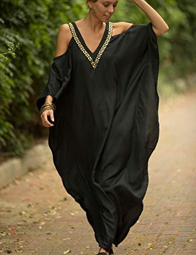 Bsubseach Strandjurk voor dames, Turkse kaftan, lange strandjurk, D-zwart, Eén maat