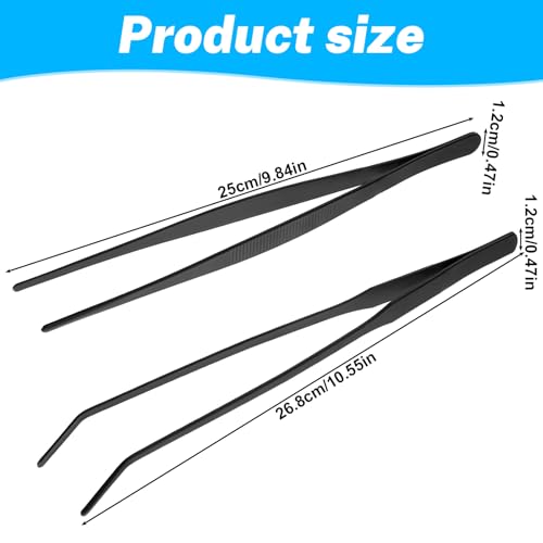 Lnngub 2 Stück Aquarium Pinzette Set, 25cm Gerade Pinzette und 27cm Gebogene Pinzette Set Lange Reptilien Futterpinzette aus Edelstahl Schützende Finger Pinzette für Reptilien, Wasserpflanze (Schwarz)