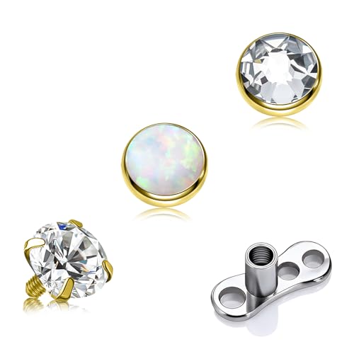 LECICI 14G Implant-Grade Titanium Dermal Anchor Set Internally Threaded Micro Dermal Jewelry with CZ & Opal Tops and Dermal Base Hypoallergenic Piercing Jewelry (gold 4mm)
