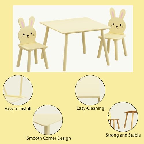 Image of Wood Table & Chairs 3 Pieces Set, Boys Girls Activity Table w / 2 Animal Shaped Chairs, Solid Wood Legs, Safe Rounded Corners, Playroom Furniture for Boys & Girls Activity Dining Drawing Craft.