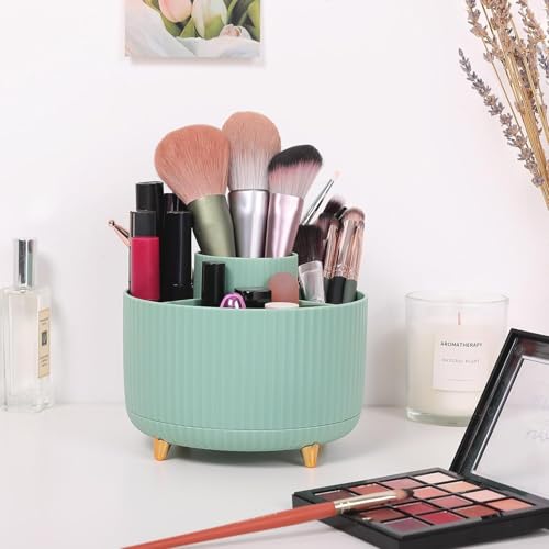 Image of SKYDUE 360 Degree Rotating Desk Organizer, Dual-Purpose Pencil Pen Holder for Desktop, Rotating Desk Pen Organizer with 5 Slots, Pencil Cup for School, Home, Office Supplies (Bean Green)