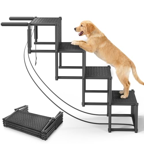 BugyKido Zusammenklappbare Hundetreppe fürs Auto (4 Stufen) – Faltbare Haustiertreppe für Pkw und SUV, ausziehbare Hundetreppe für LKW, leichte Treppe, Tragkraft bis 80 kg