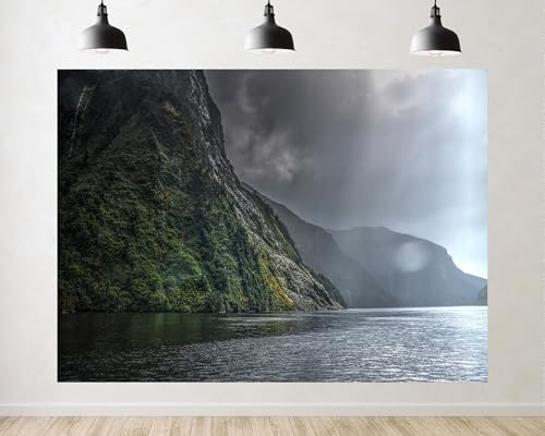 Trykid 6x4ft Steep Forested Fjord Calm Water Backdrop Misty Cloud Waterfall Scene Photography Background Fjord Exploration Tapestry Party Decoration Photo Booth Prop Fabric
