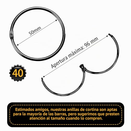 Miniatura 2 de Rhsemi 40 Anillos De Cortina De Metal, 50 Mm De Diámetro Interior, Acero Inoxidable 304, Diseño Elegante Para Decoración Y Organización Del Hogar, Color Negro
