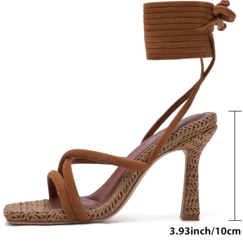 Image of Mostrin Womens Sandals Strappy Heels for Women Lace Up Square Open Toe Heels Tie Up High Heeled Sandals for Prom, Party, Daily Wear