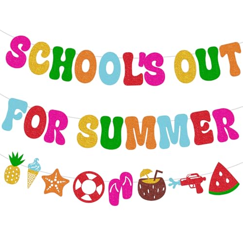 Image of Pre-Strung School's Out for Summer Banner for Boys Girls Celebrate Last Day of School End of Term Holiday Party Decorations Supplies