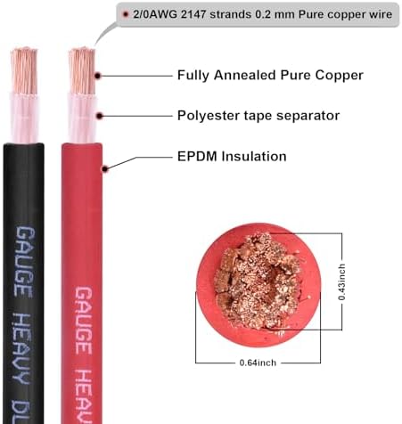 Shirbly 2/0 Gauge Battery Cable, 10FT Red + 10FT Black 2/0 AWG Pure Copper Wire Welding Cable, for Automotive, Battery, Solar, Marine and Generator, Standard USA OFC Wire