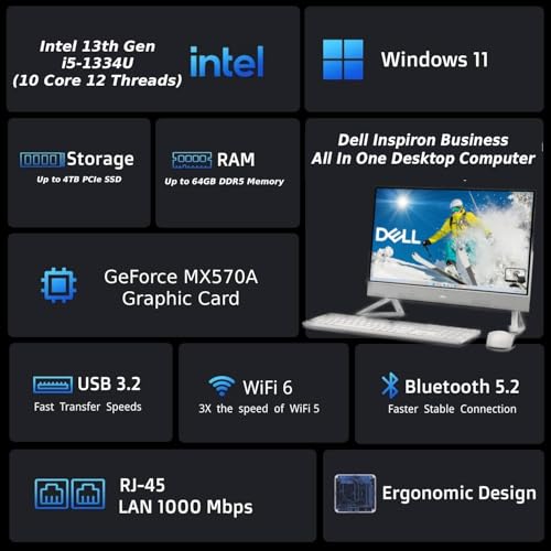 Image of Dell Inspiron All-in-One Desktop Computer, 27 inch FHD Low Blue Light Display, Ultra-Quiet Design, 13th Gen 10 Core Intel i5-1334U, 16GB DDR5 Memory, 512GB PCIe SSD, White Wireless KB & Mouse, Windows 11