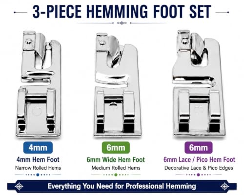 Image of ZENITH 3-Piece Hemming Presser Foot Set for Low Shank Sewing Machines | 4mm Hem Foot, 6mm Wide Hem Foot & 6mm Lace Pico Rolled Hem Foot | Compatible with Usha Janome, Singer, Brother