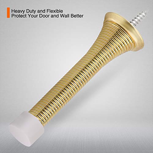 Kovosch 2 Pack Spring Door Stopper Bright Brass - 3-1/4" Flexible Gold Spring Door Stops With White Rubber Bumper Tips #TOP1