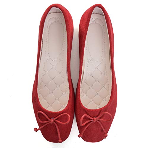 Stunner Women Square Toe Bow Ballet Flats Fashion Non Slip Flat Shoes Red 38(7)