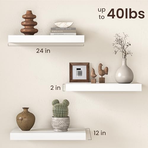 Image of Fun Memories 12 Inch Deep White Floating Shelf, 24 x 12 Rustic Wood Wall Shelf for Books, 2 inch Thick Deep Floating Shelf for Storage & Display in Kitchen, Living Room, Bedroom, 2 Packs