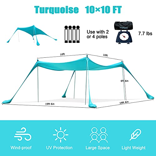DIPUG Portable Beach Tent Canopy, Sun Shelter with UV Protection, Outdoor Shade with Sandbags, 4 Poles, Shovel and Anchors 10×10 FT, Turquoise