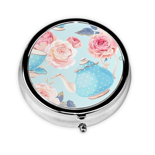 Flowers Roses Vintage Teapot Cups, Pill Box Round Pill Case for Pocket Or Purse Small Pill Container Travel Pill Organizer