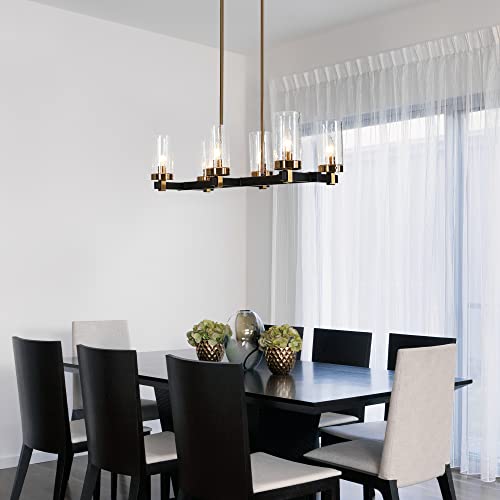 Zevni Chandeliers For Dining Room, 6-Light Black Gold Chandelier, Modern Kitchen Island Lighting With Seeded Glass Shade, 27" L #TOP1