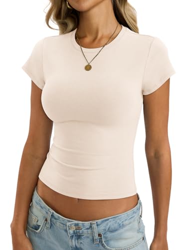 EasyGala Womens Cotton Crop T Shirts Basic Crew Neck Tee Fitted Going Out Tops Summer Stretchy Tight...